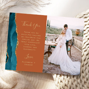 Carte Postale Remerciement de mariage photo sarcelle agate or ro