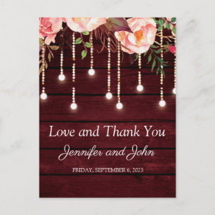 Carte Postale Remerciement de mariage rustique en bois marron fl