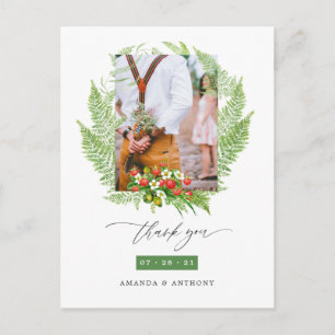 Carte Postale Remerciement de photo de mariage à la verdure aqua