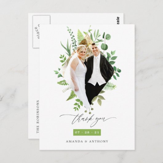 Carte Postale Remerciement de photo de mariage de la forêt verdo (Devant / Derrière)