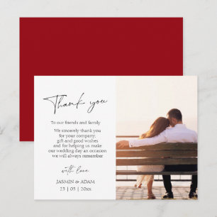 Carte Postale Remerciement de photo de mariage élégant rouge cra
