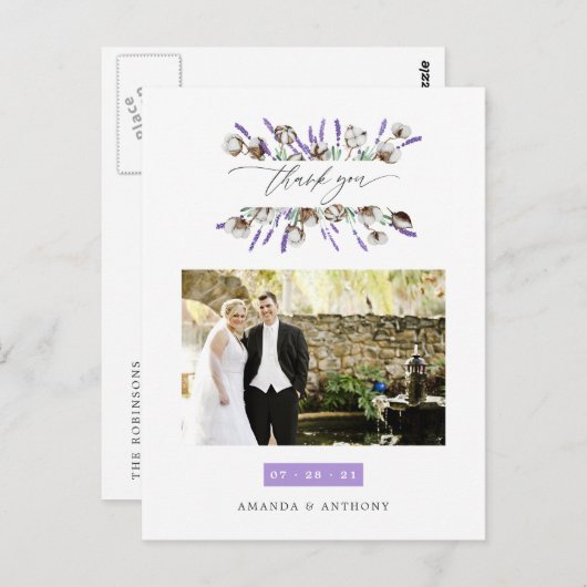 Carte Postale Remerciement de photo de mariage en coton et lavan (Devant / Derrière)