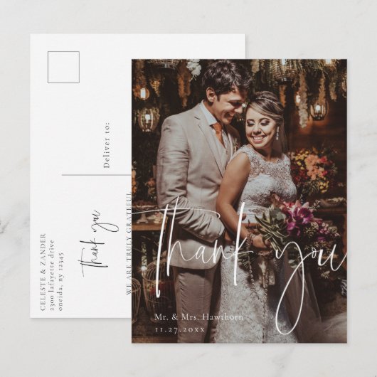 Carte Postale Remerciement de photo de mariage en écriture moder (Devant / Derrière)