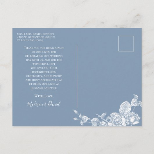 Carte Postale Remerciement de photo de mariage floral bleu pouss (Dos)