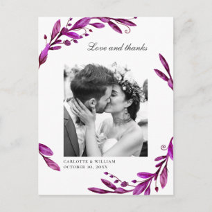 Carte Postale Remerciement de photo de mariage floral violet aqu