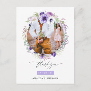 Carte Postale Remerciement de photo de mariage floral violet pas