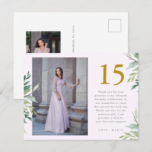 Carte Postale Remerciement de Quinceanera Photo de Verdure Deux (Devant / Derrière)