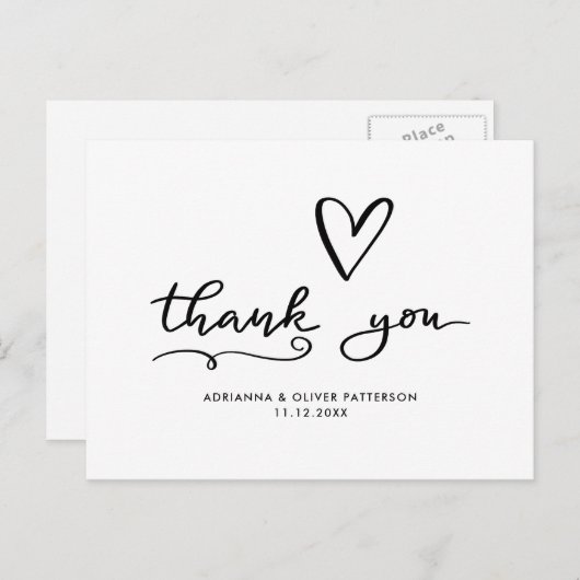 Carte Postale Remerciement d'écriture moderne | Mariage à cœur m (Devant / Derrière)