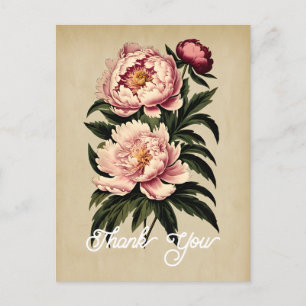 Carte Postale Remerciement Élégant Fleur de Pivoine Rose Vintage