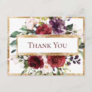 Carte Postale Remerciement en or floral monogramme de Bourgogne