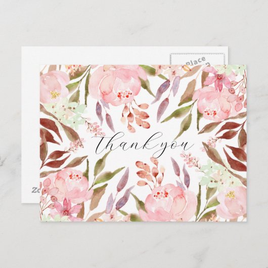 Carte Postale Remerciement floral de pivoine rose aquarelle (Devant / Derrière)