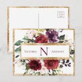 Carte Postale Remerciement Floral Monogramme Bourgogne Or (Devant / Derrière)