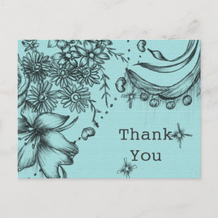 Carte Postale Remerciement floral noir et bleu de style vintage