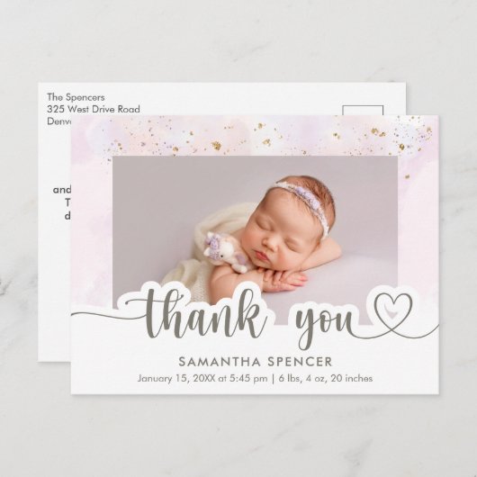 Carte Postale Remerciement Moderne de Bébé Fille en Rose avec Ca (Devant / Derrière)