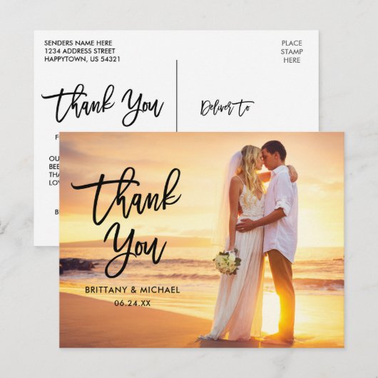 Carte Postale Remerciement Moderne Écriture Pinceau Noir Mariage (Devant / Derrière)