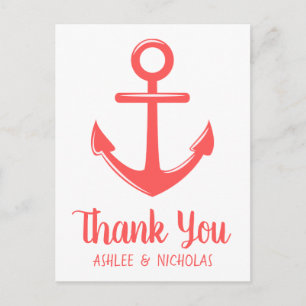 Carte Postale Remerciement Naution de Mariage Ancre Rose Rouge C