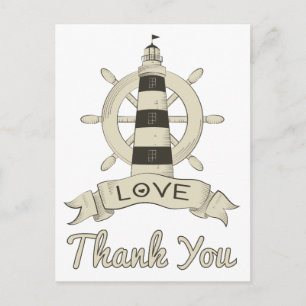 Carte Postale Remerciement phare et ancre de bateau en tan nauti