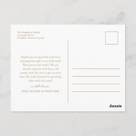 Carte Postale Remerciement Photo Bébé Écriture Élegante Or  (Dos)