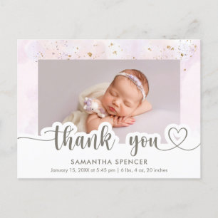 Carte Postale Remerciement Photo Fille Moderne Rose Calligraphie