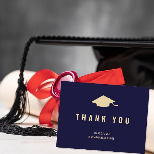 Carte Postale Remerciement photo or moderne bleu navy et or