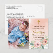 Carte Postale Remerciement pour baptême photo rose et or (Devant / Derrière)