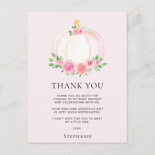 Carte Postale Remerciement pour Fille de Citrouille Rose pour Ba (Devant)