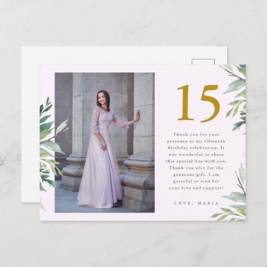 Carte Postale Remerciement Quinceanera Photo Greenery Two Blush (Devant / Derrière)