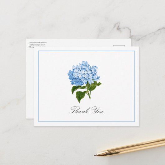 Carte Postale Remerciement traditionnel de l'hortensia bleu (Devant/Arrière en situation)