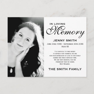 Carte Postale Remerciements de la famille Black & White Memorial