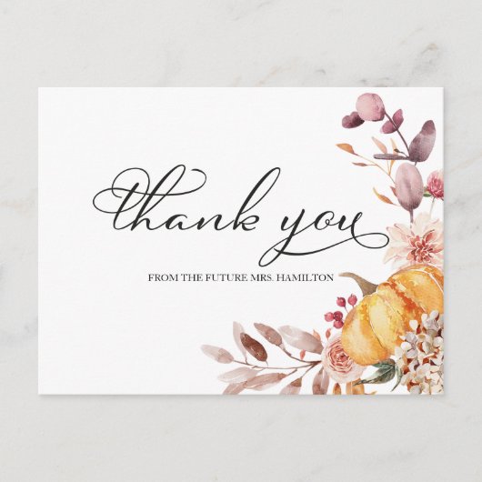 Carte Postale Remerciements de Mariage Automnal avec Citrouille  (Devant)