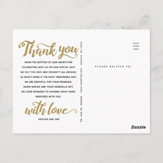 Carte Postale Remerciements de Mariage | Écriture Script Or sur  (Dos)