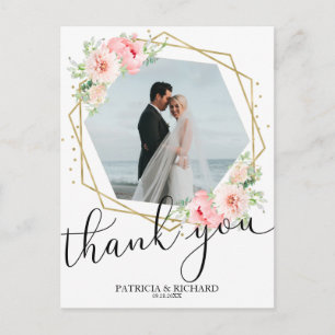 Carte Postale Remerciements de Mariage Rouge Floral Or Feuille G
