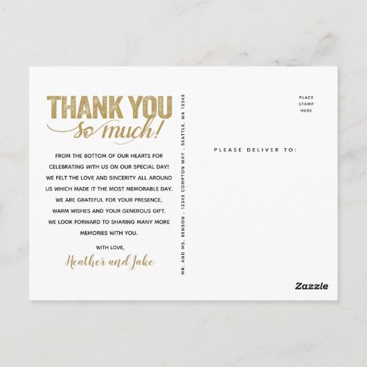 Carte Postale Remerciements de Mariage | Typographie Dorée en Re (Dos)