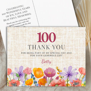 Carte Postale Remerciements Fleuris pour le 100e Anniversaire