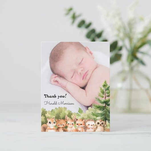Carte Postale Remerciements pour bébé garçon en forêt (Debout devant)