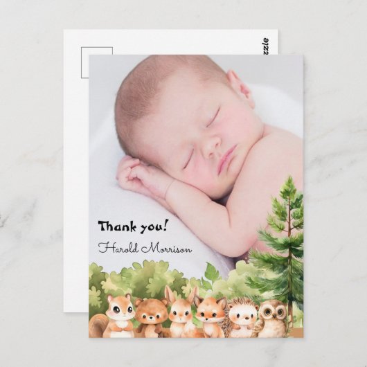 Carte Postale Remerciements pour bébé garçon en forêt (Devant / Derrière)