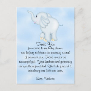 Carte Postale Remerciements pour la Baby Shower Garçon Éléphant