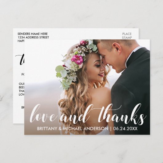Carte Postale Remerciements pour mariage | Love and Thanks Photo (Devant / Derrière)
