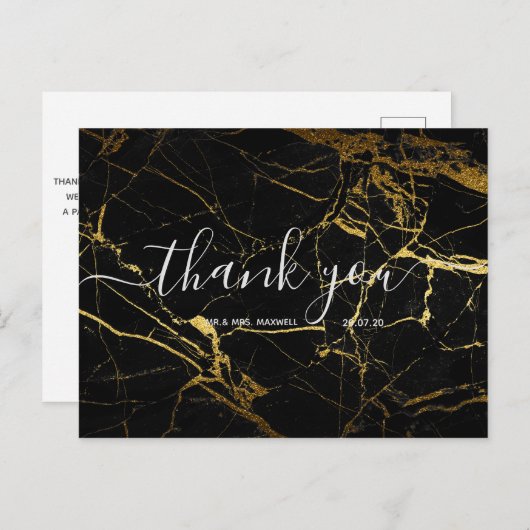 Carte Postale Remerciements pour mariage | Script en marbre noir (Devant / Derrière)