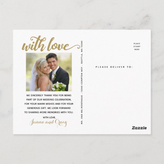 Carte Postale Remerciements pour mariage | Script Gold sur photo (Dos)