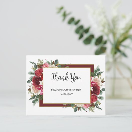 Carte Postale Remerciements pour un mariage d'hiver floral rusti (Debout devant)