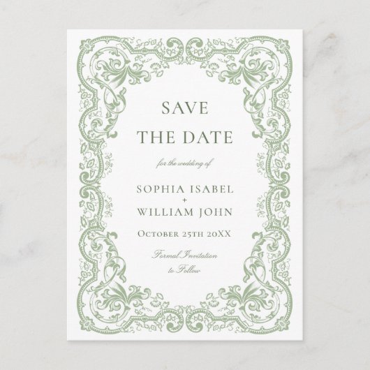 Carte Postale Renaissance Ornate mariage vert Enregistrer la dat (Devant)