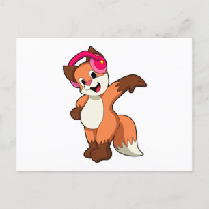 Carte Postale Renard à la musique avec casque audio