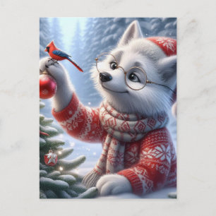 Carte Postale Renard arctique de Noël et les oiseaux