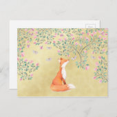 Carte Postale Renard avec papillons et fleurs roses (Devant / Derrière)
