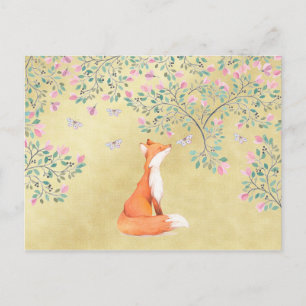 Carte Postale Renard avec papillons et fleurs roses