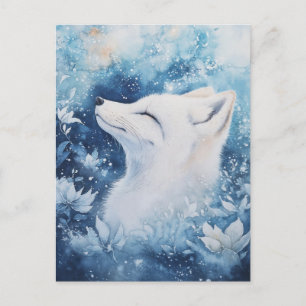 Carte Postale Renard Blanc Pacifique dans Jardin d'Hiver Bleu