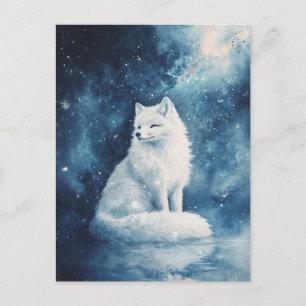 Carte Postale Renard Blanc Serein Sous le Ciel de Minuit Étoilé