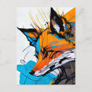 Carte Postale Renard coloré bleu blanc orange sur la chasse 5x7"