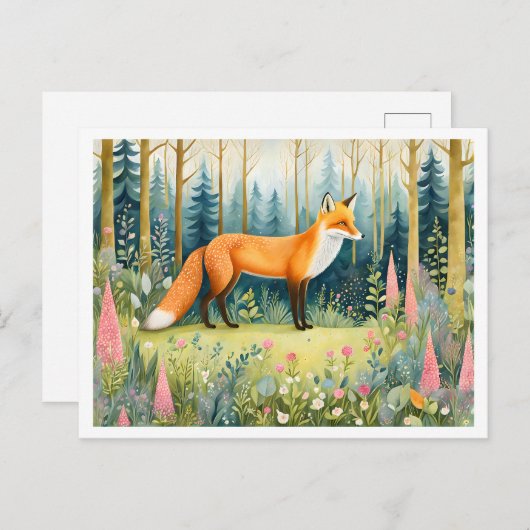 Carte Postale Renard d'aquarelle de Whimsical en forêt (Devant / Derrière)